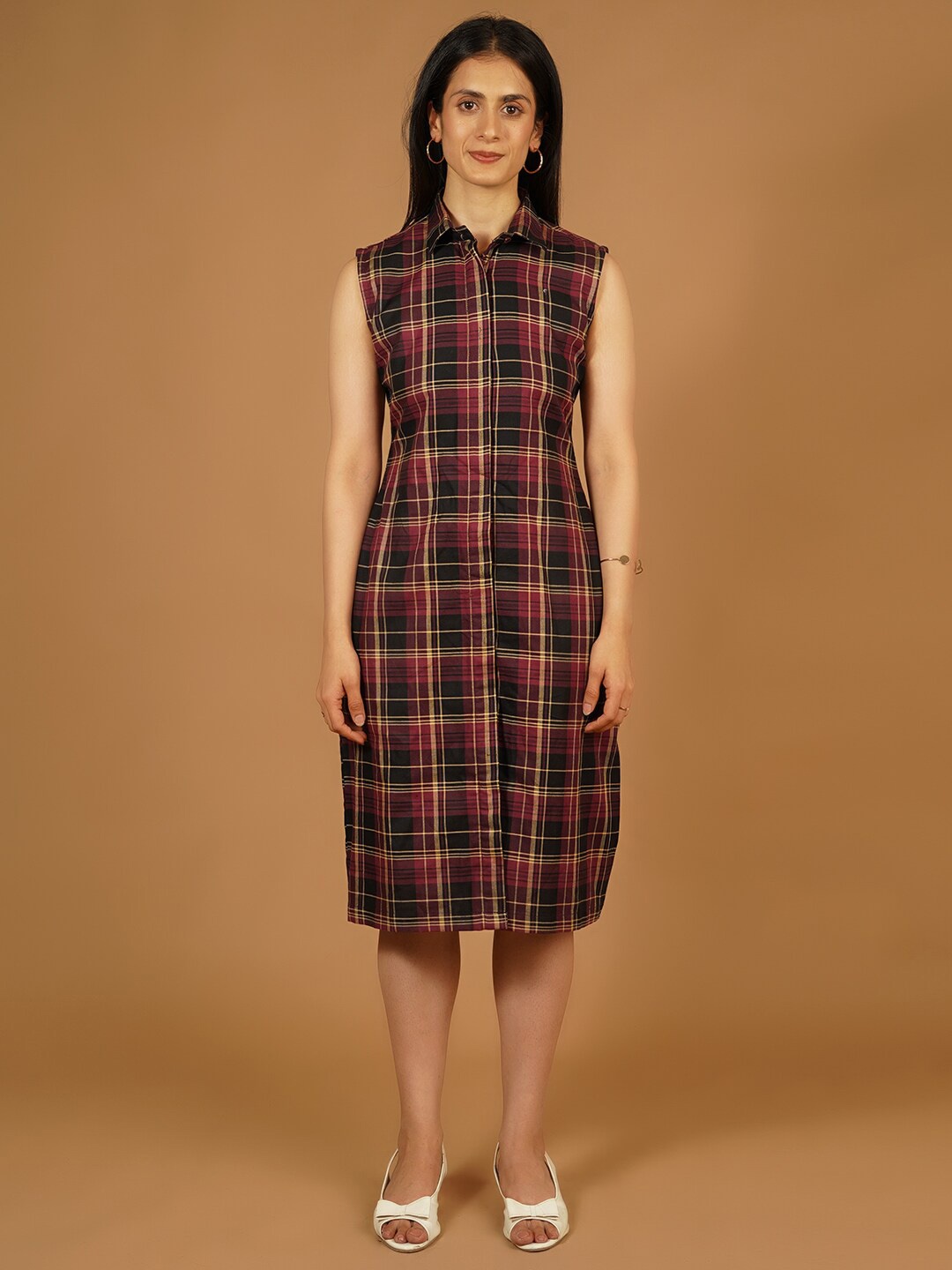 

Talethread Checked Shirt Collar Sleeveless Pure Cotton A-Line Midi Dress, Red