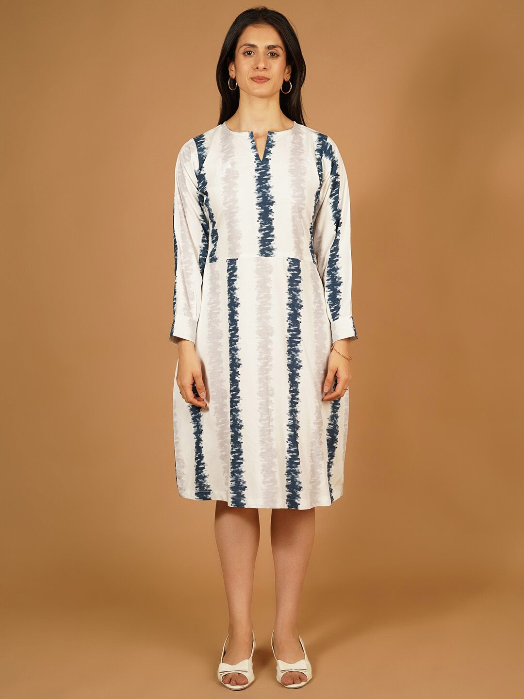 

Talethread Striped Notched Neck Cotton A-Line Dress, White