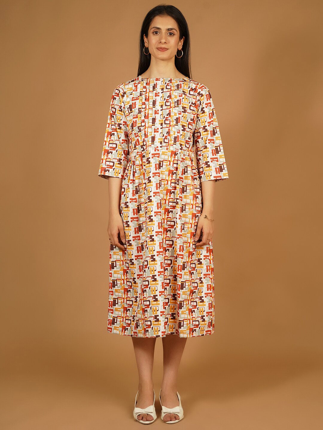

Talethread Geometric Printed Pleated Fit & Flare Midi Dress, White