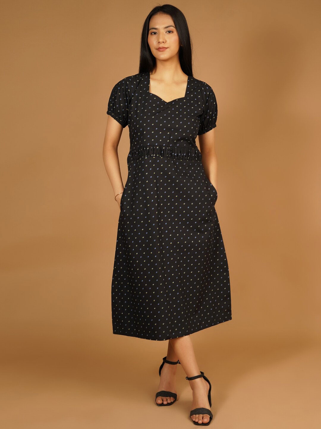 

Talethread Polka Dot Print Sweetheart Neck Puff Sleeves Cotton A-Line Dress, Black