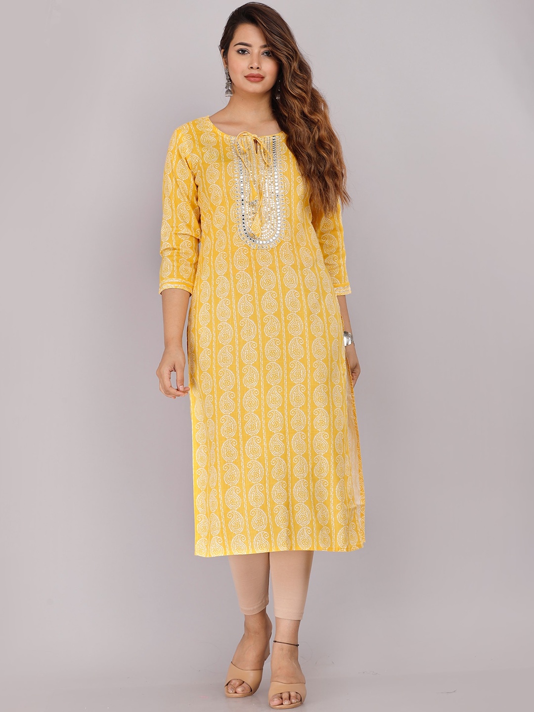 

KALINI Ethnic Motifs Printed Tie-Up Neck Mirror Work Straight Kurta, Yellow