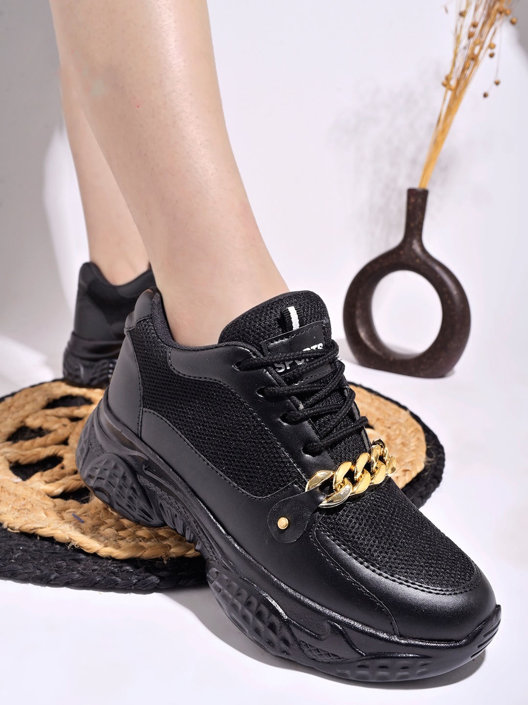 

Shoetopia Girls Textured Round Toe Mesh Sneakers, Black