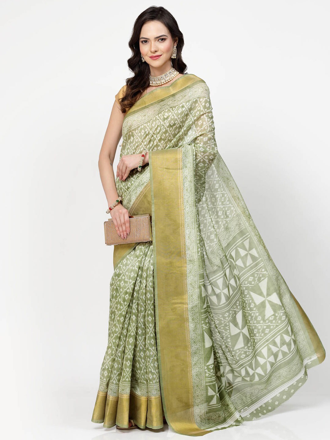 

ISHQY Ethnic Motifs Silk Cotton Saree, Green