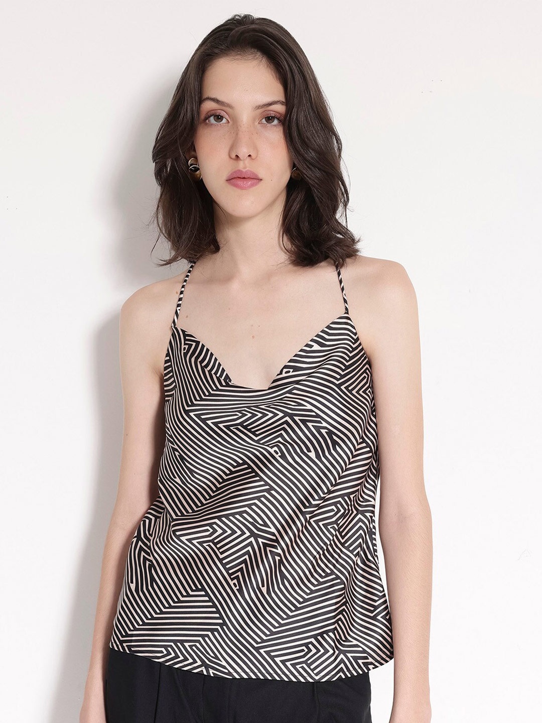 

RAREISM Printed Shoulder Straps Cotton Styled Back Top, Black