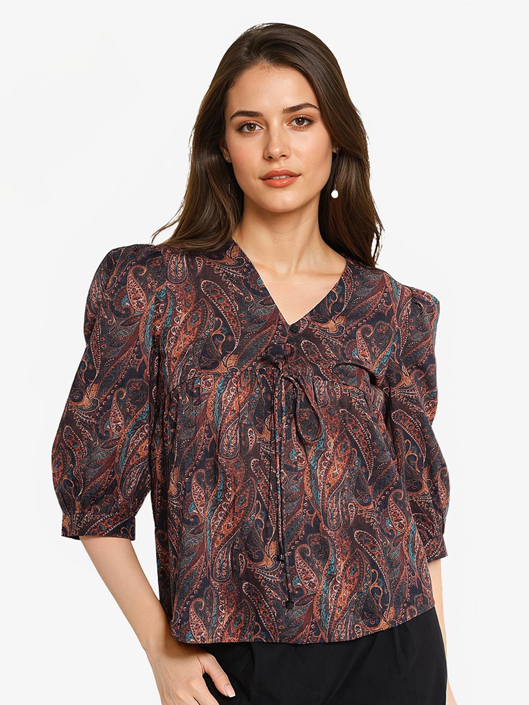 

RAREISM V Neck Printed Tie-Up Neck Puff Sleeve Cotton Top, Brown