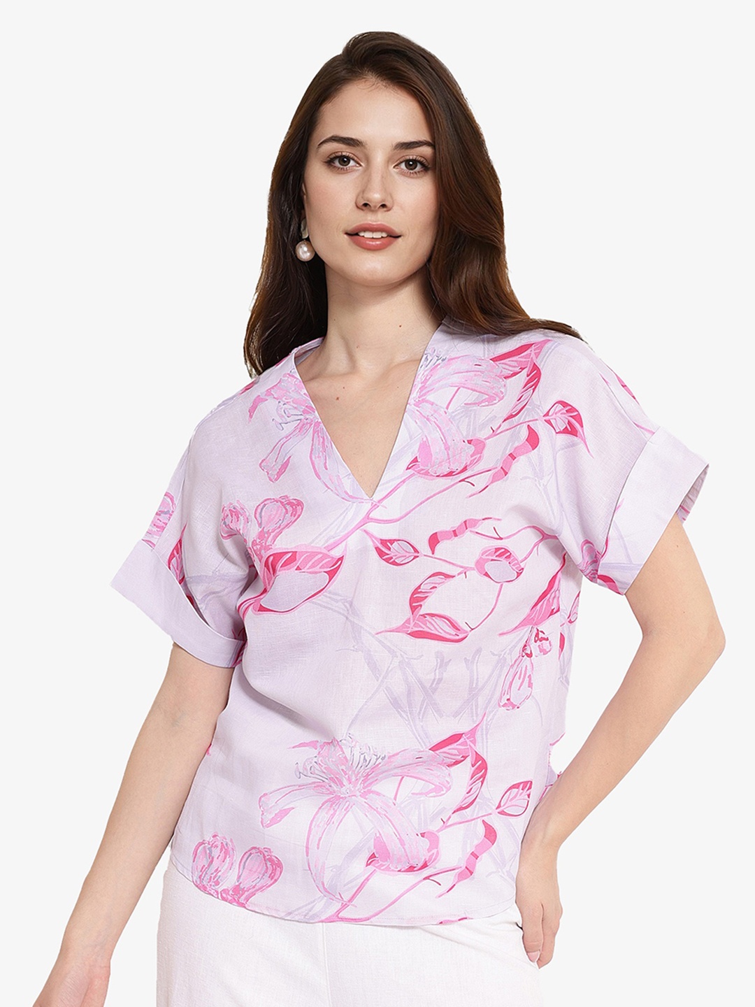 

RAREISM Floral Print Extended Sleeves Cotton Regular Top, Purple