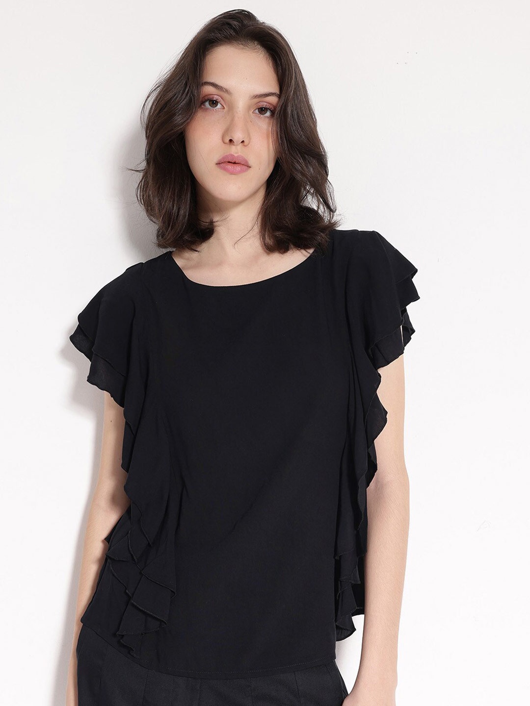 

RAREISM Round Neck Flutter Sleeve Cotton Regular Top, Black
