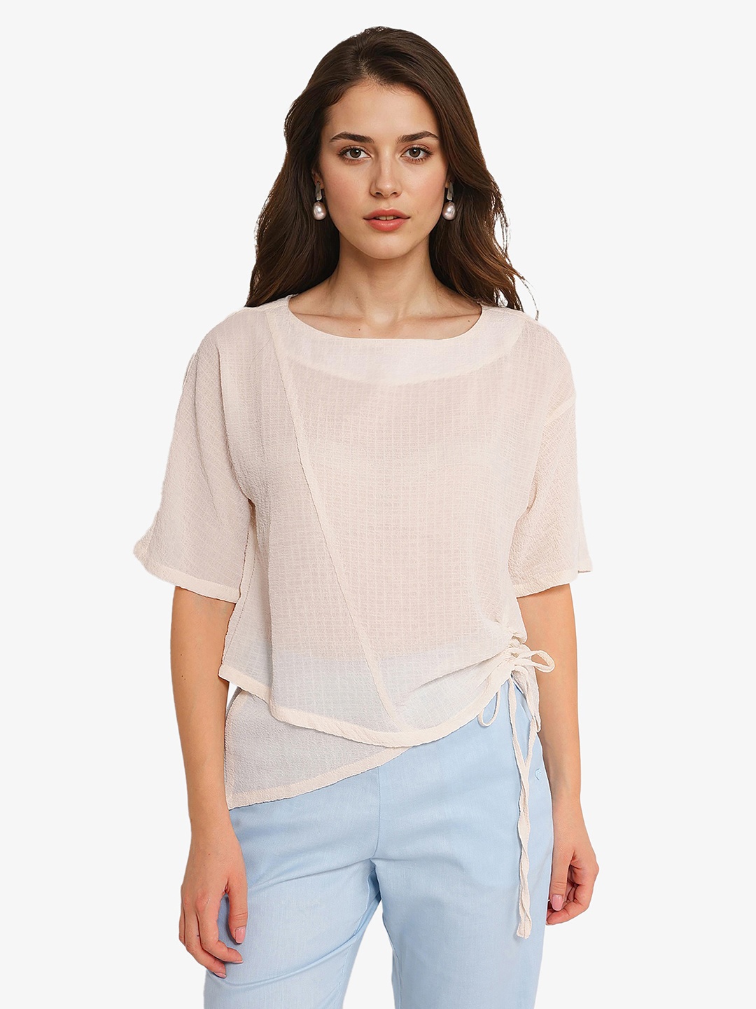 

RAREISM Round Neck Cotton Top, Beige