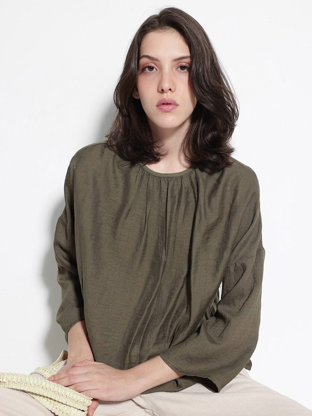 

RAREISM Round Neck Cotton Top, Olive