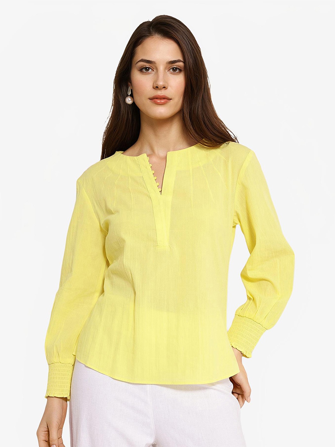 

RAREISM Round Neck Cotton Top, Yellow