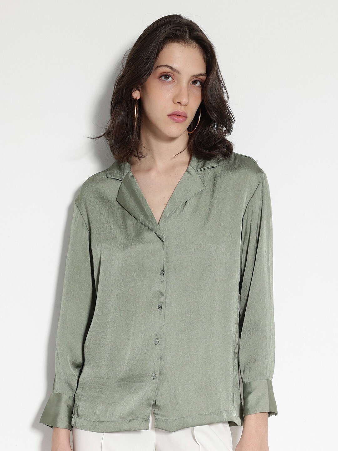 

RAREISM Shirt Collar Cuffed Sleeves Regular Top, Green