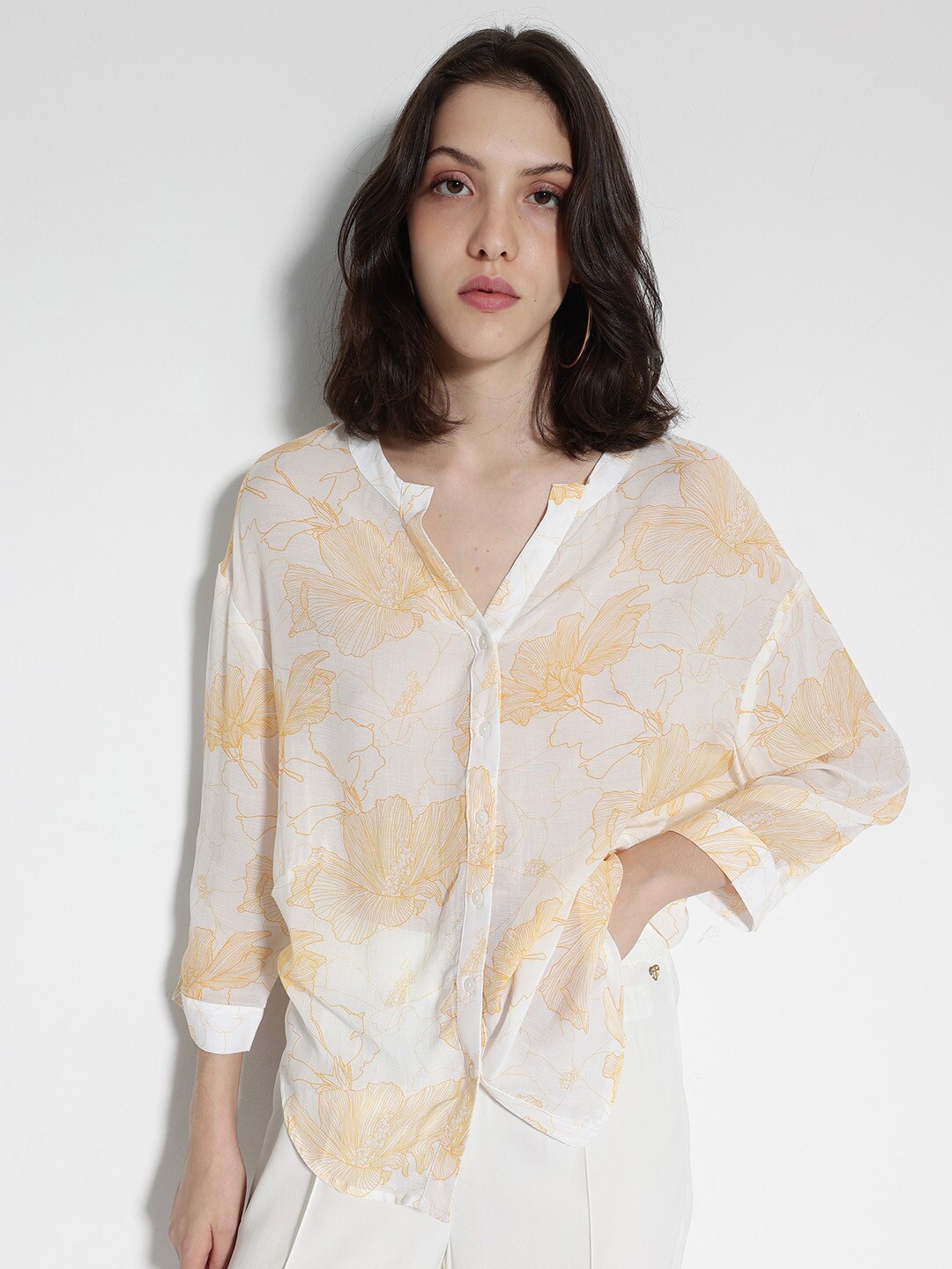 

RAREISM Floral Printed Mandarin Collar Cotton Top, Yellow