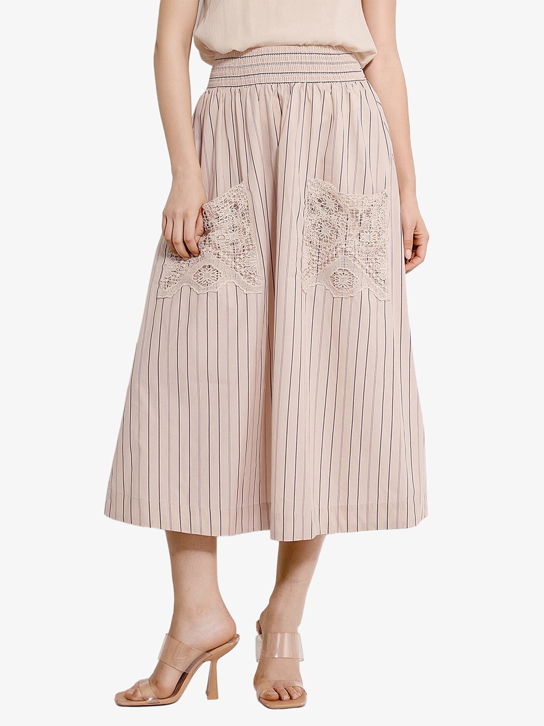 

RAREISM Striped Flared Midi Skirts, Beige