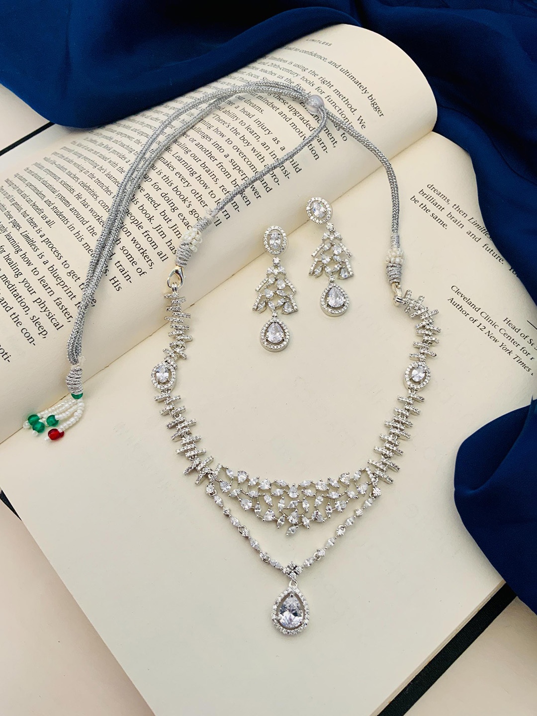 

ABDESIGNS Silver-Plated American Diamond Studded Jewellery Set