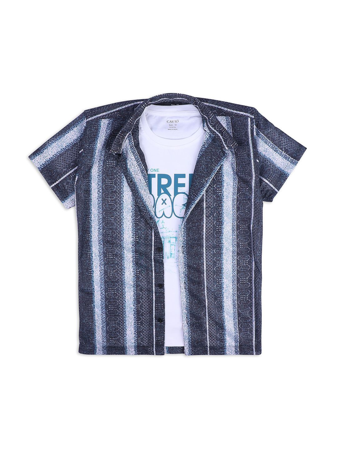 

CAVIO Boys Vertical Stripes Casual Shirt & T-Shirt, Green