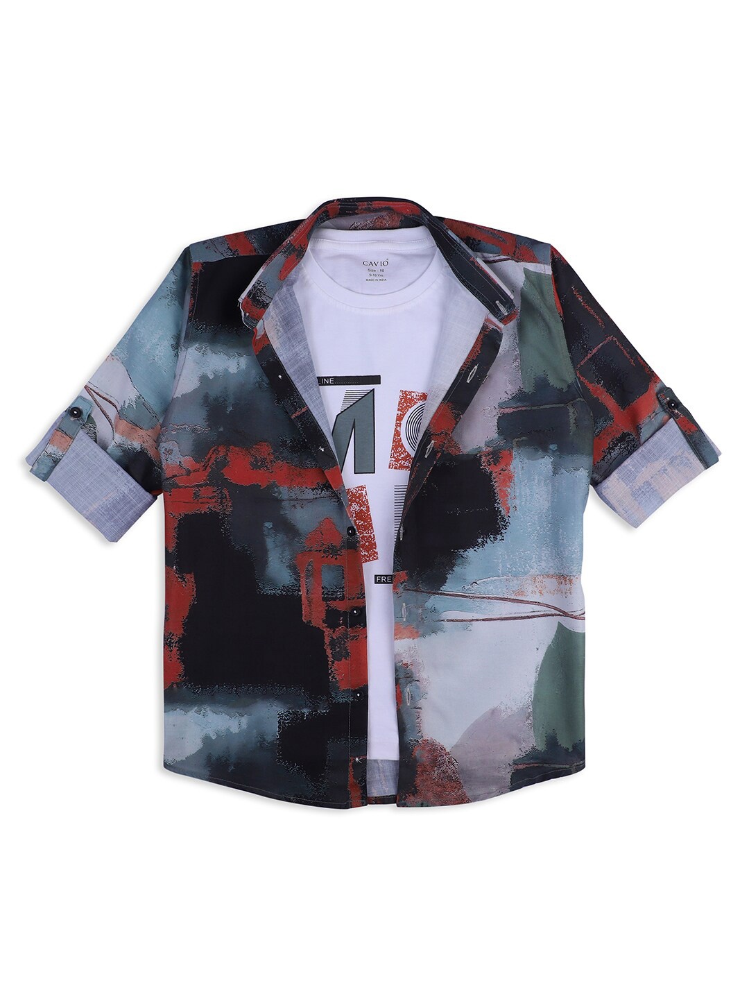 

CAVIO Boys Abstract Printed Cotton Casual Shirt & T-Shirt, Green