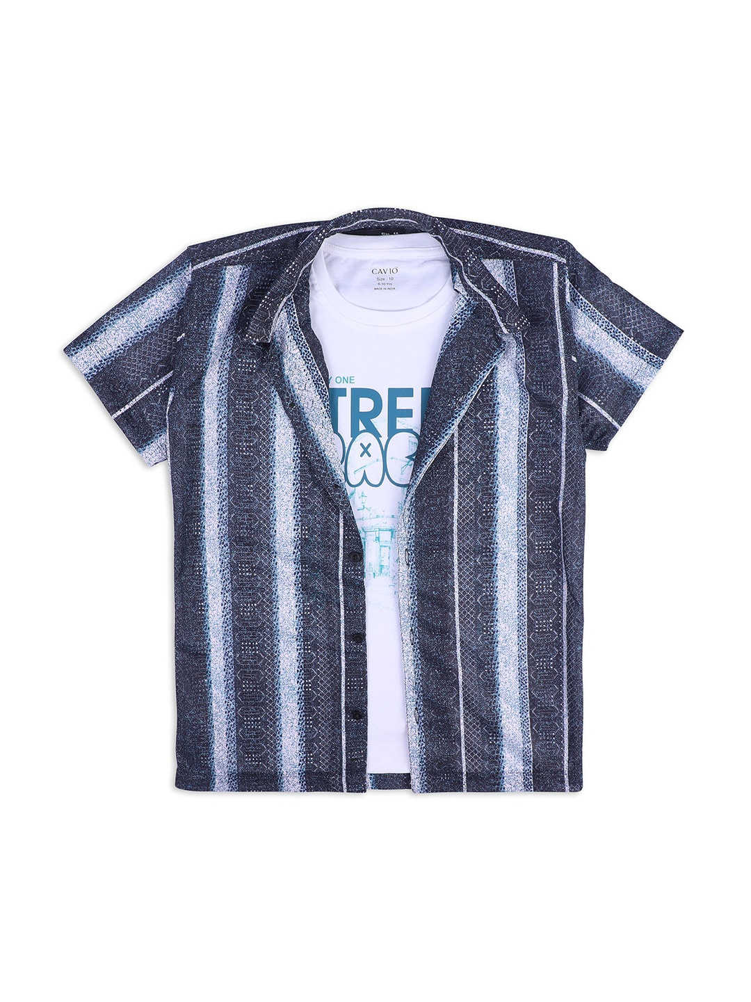 

CAVIO Boys Vertical Stripes Casual Shirt & T-Shirt, Green