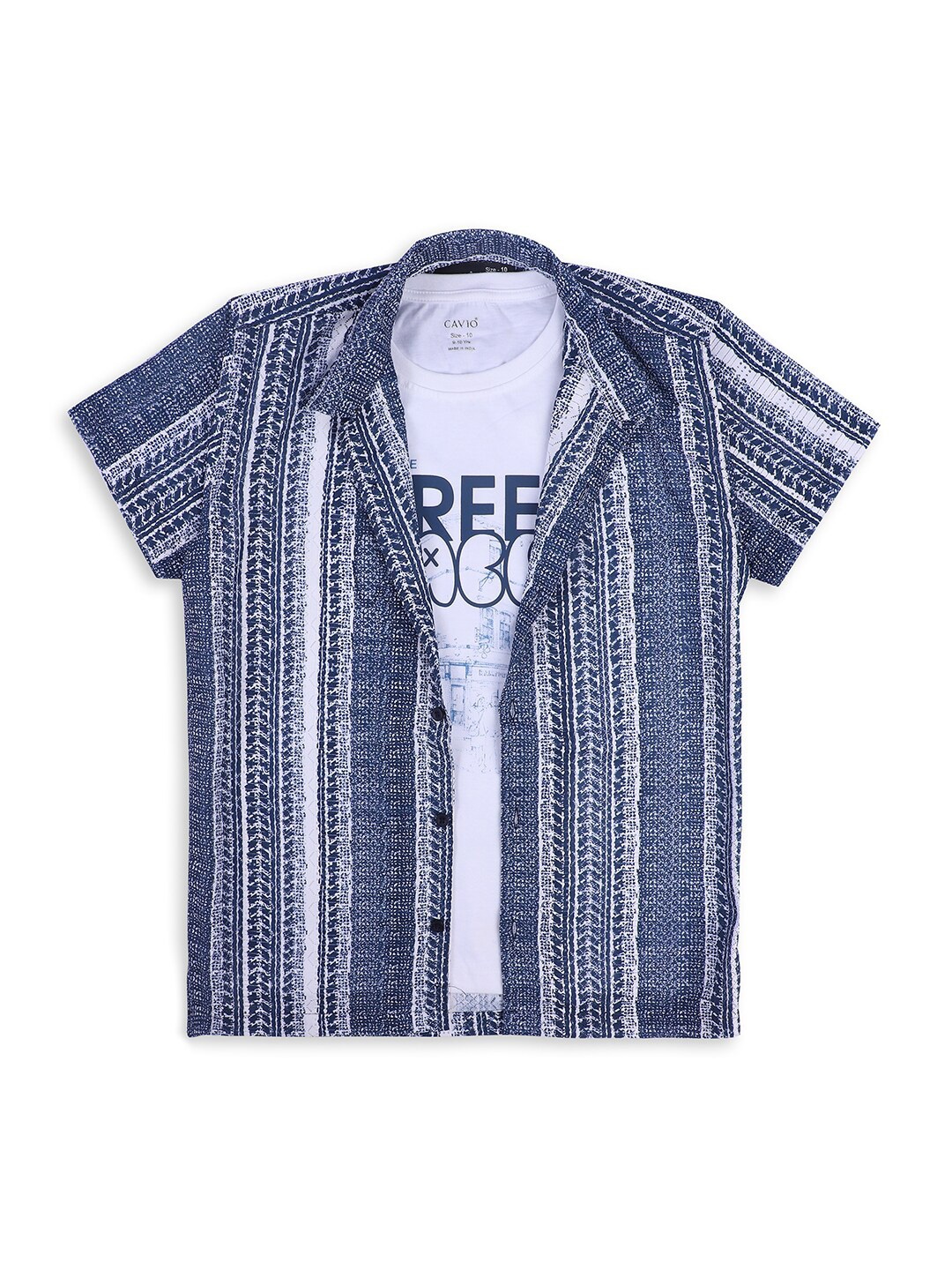 

CAVIO Boys Vertical Stripes Casual Shirt & T-Shirt, Blue