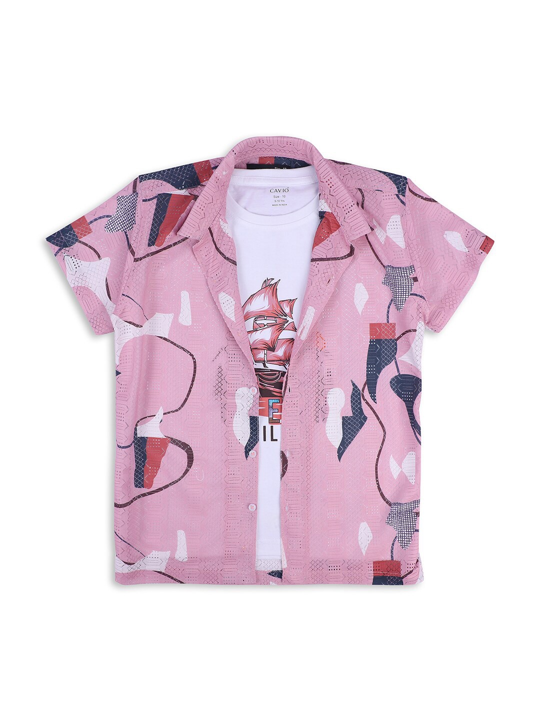 

CAVIO Boys Abstract Printed Casual Shirt & T-Shirt, Pink