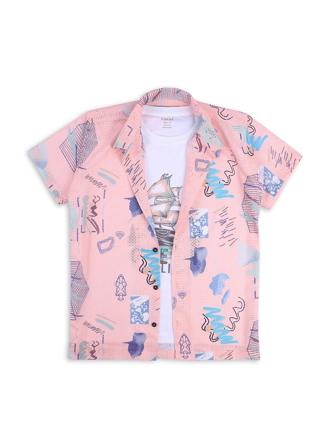 

CAVIO Boys Conversational Printed Casual Shirt & T-Shirt, Peach