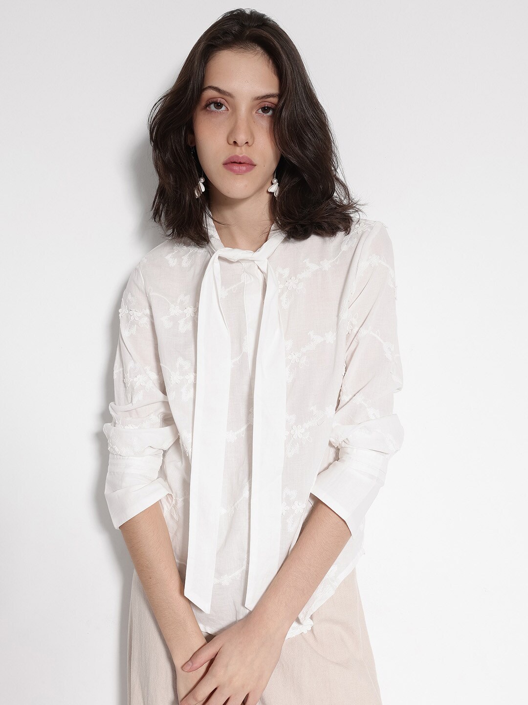 

RAREISM Comfort Floral Printed Tie Up Collar Cotton Casual Shirt, White