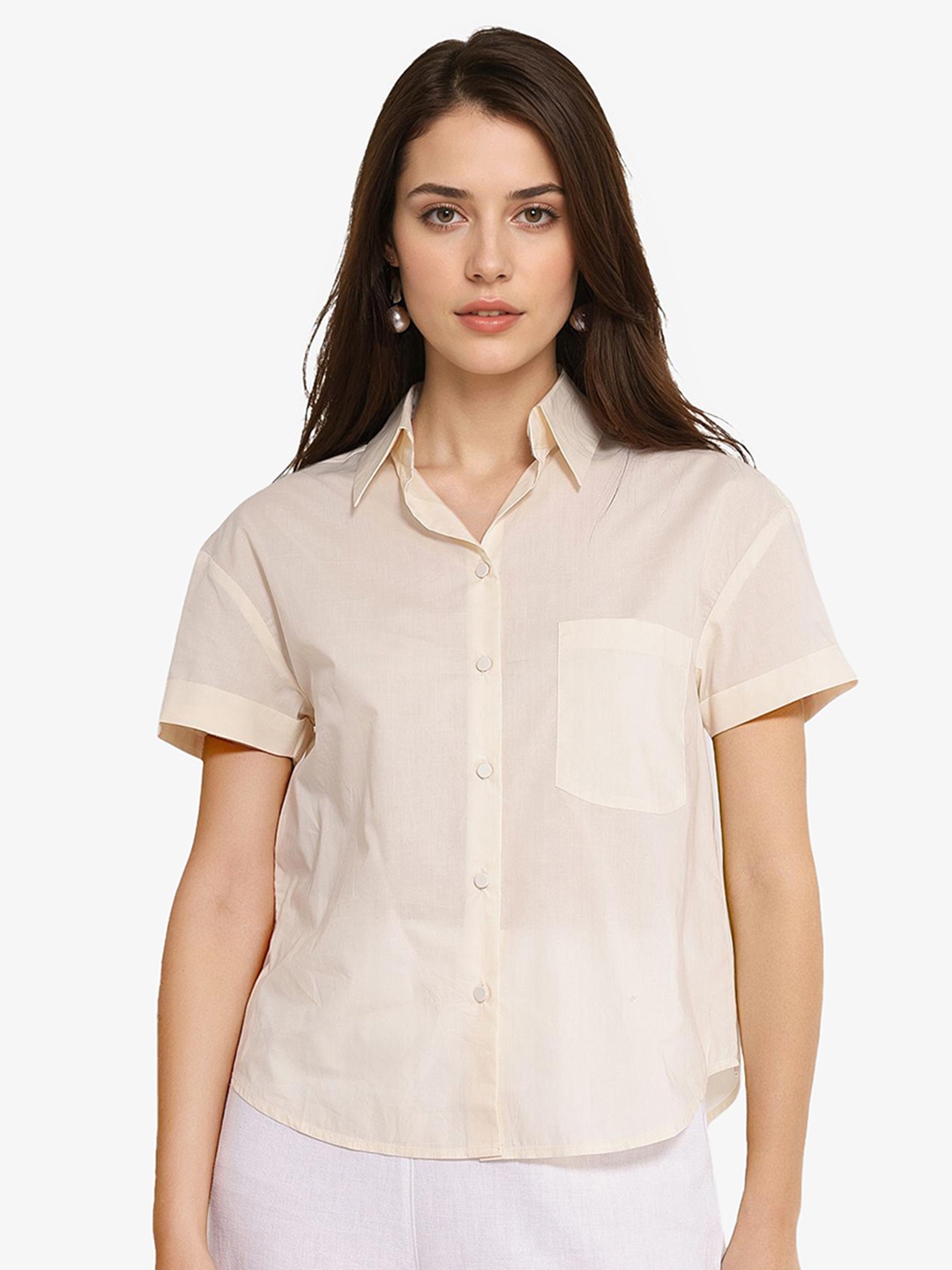 

RAREISM Comfort Fit Spread Collar Short Sleeves Cotton Casual Shirt, Beige