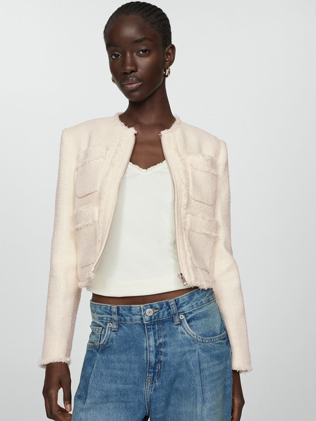 

MANGO Tweed Cropped Blazer, Cream