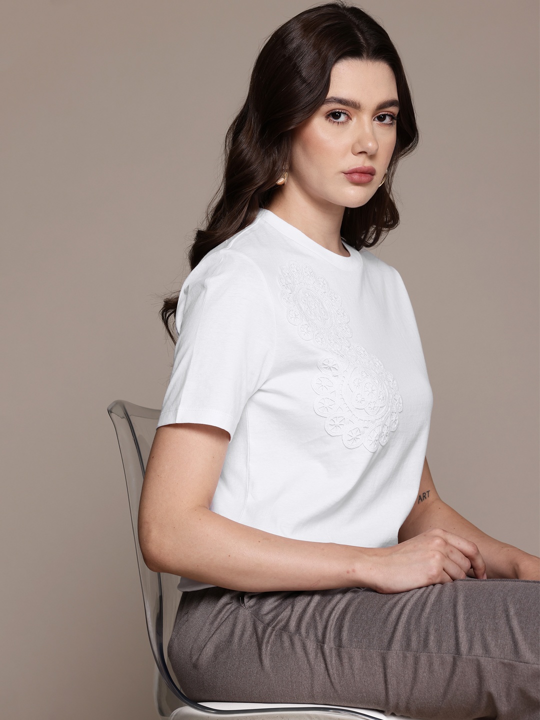 

MANGO Women Lace Detail Pure Cotton T-shirt, White