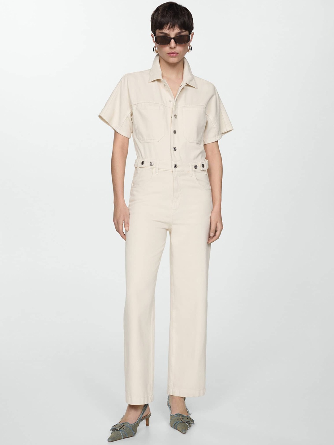 

MANGO Pure Cotton Denim Basic Jumpsuit, Beige
