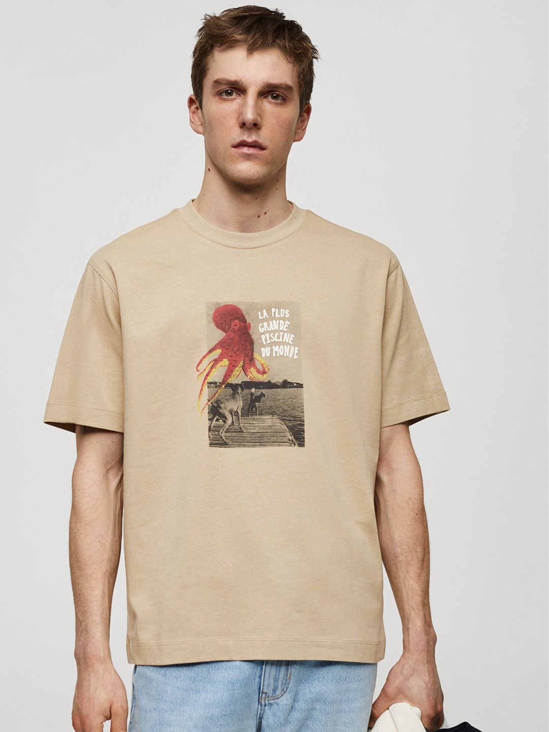 

MANGO MAN Pure Cotton Drop-Shoulder Relaxed Fit T-shirt, Beige