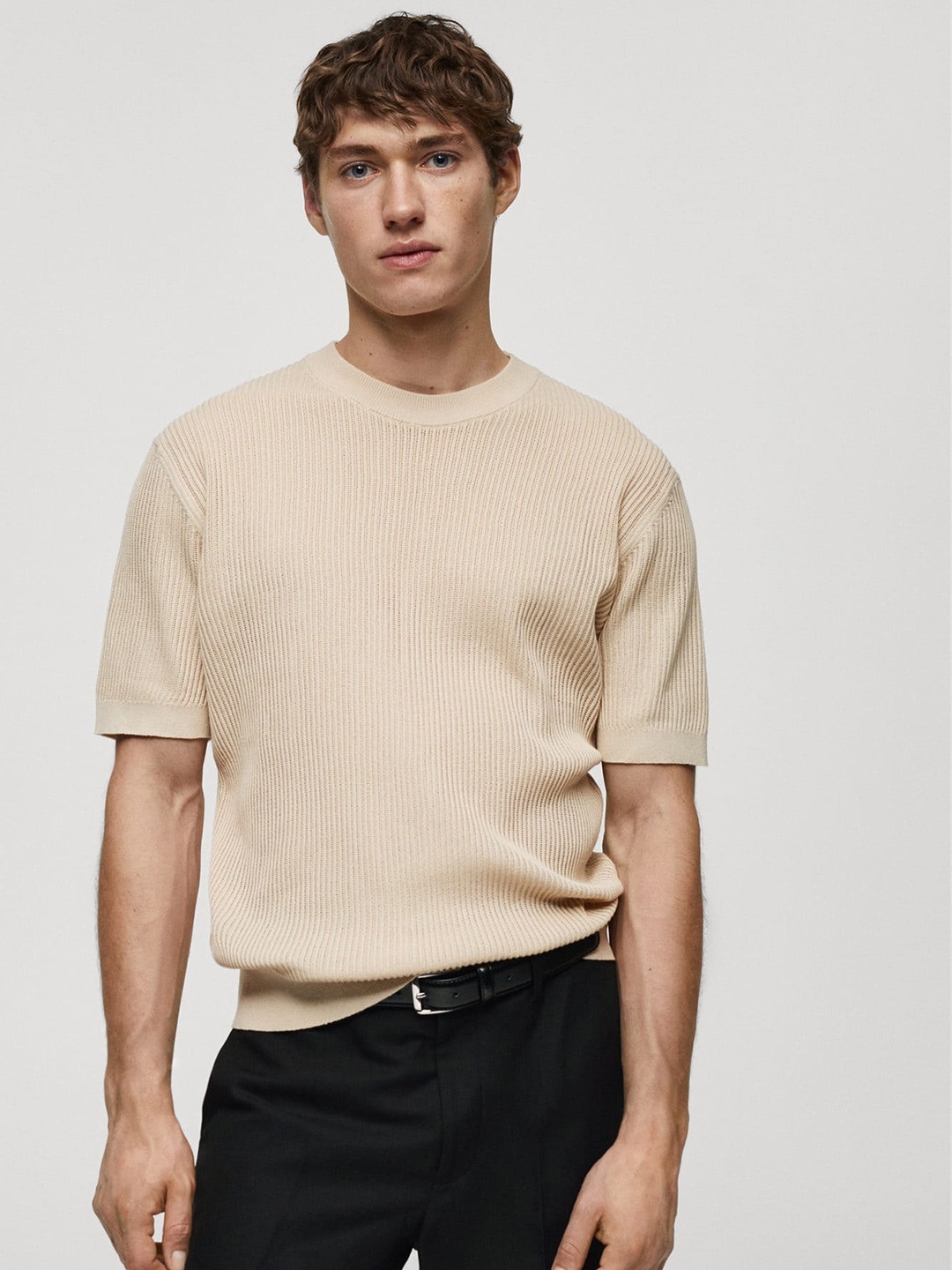 

MANGO MAN Pure Cotton Ribbed T-shirt, Beige