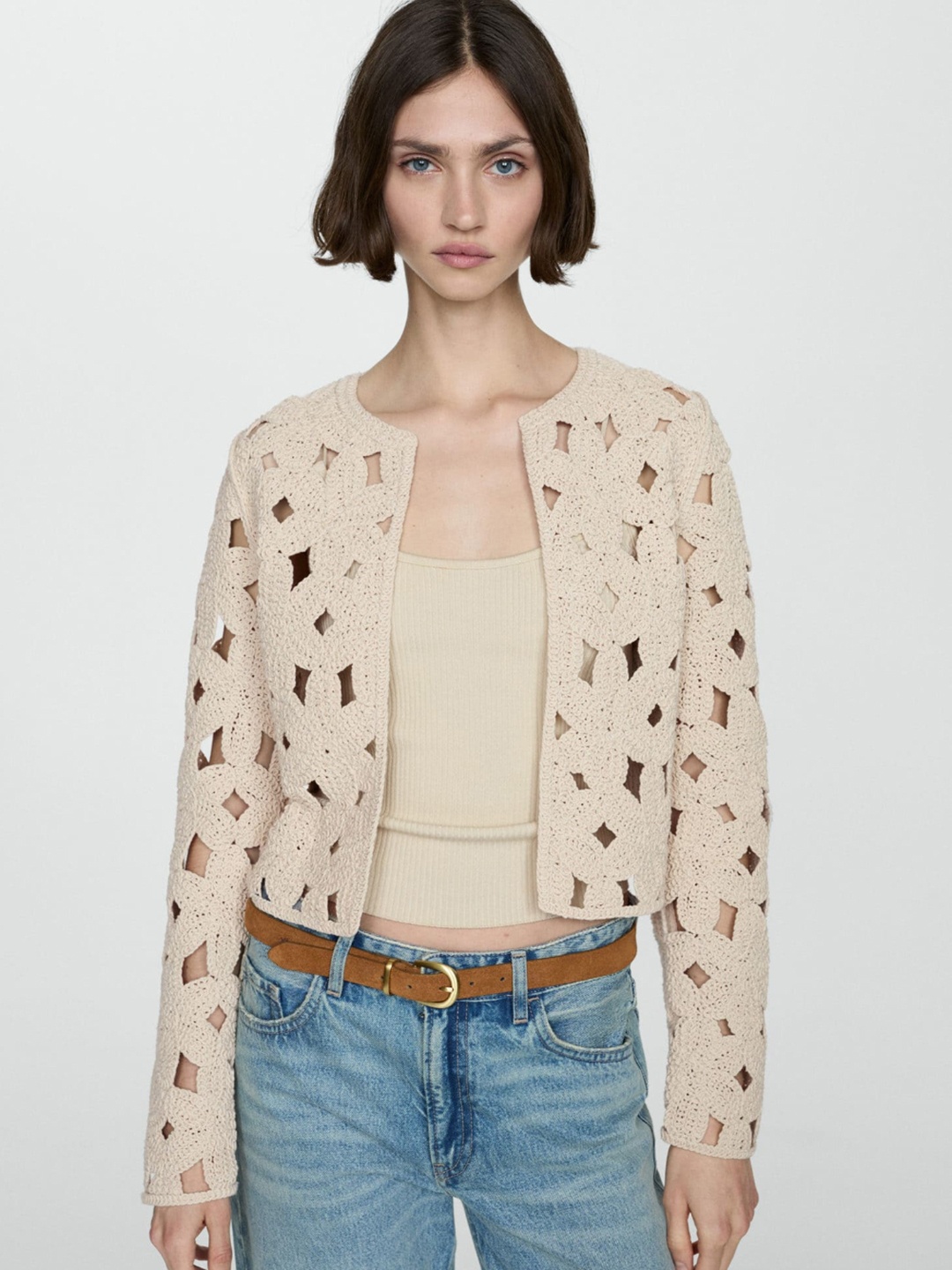 

MANGO Open Knit Crochet Jacket, Beige