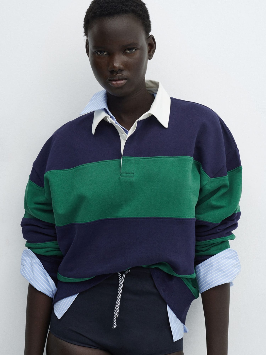 

MANGO Striped Polo Collar Pure Cotton Oversize T-shirt, Navy blue