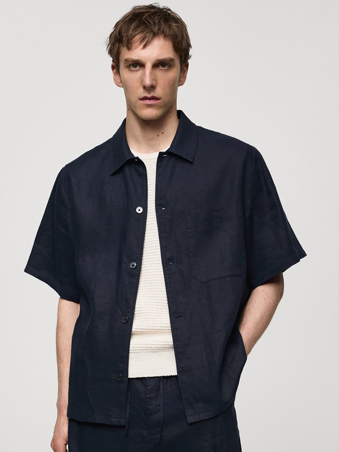 

MANGO MAN Pure Linen Casual Shirt, Navy blue