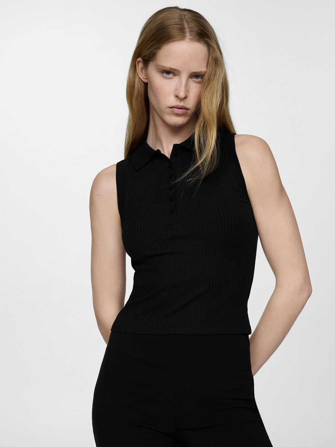 

MANGO Ribbed Polo Collar Fitted Top, Black