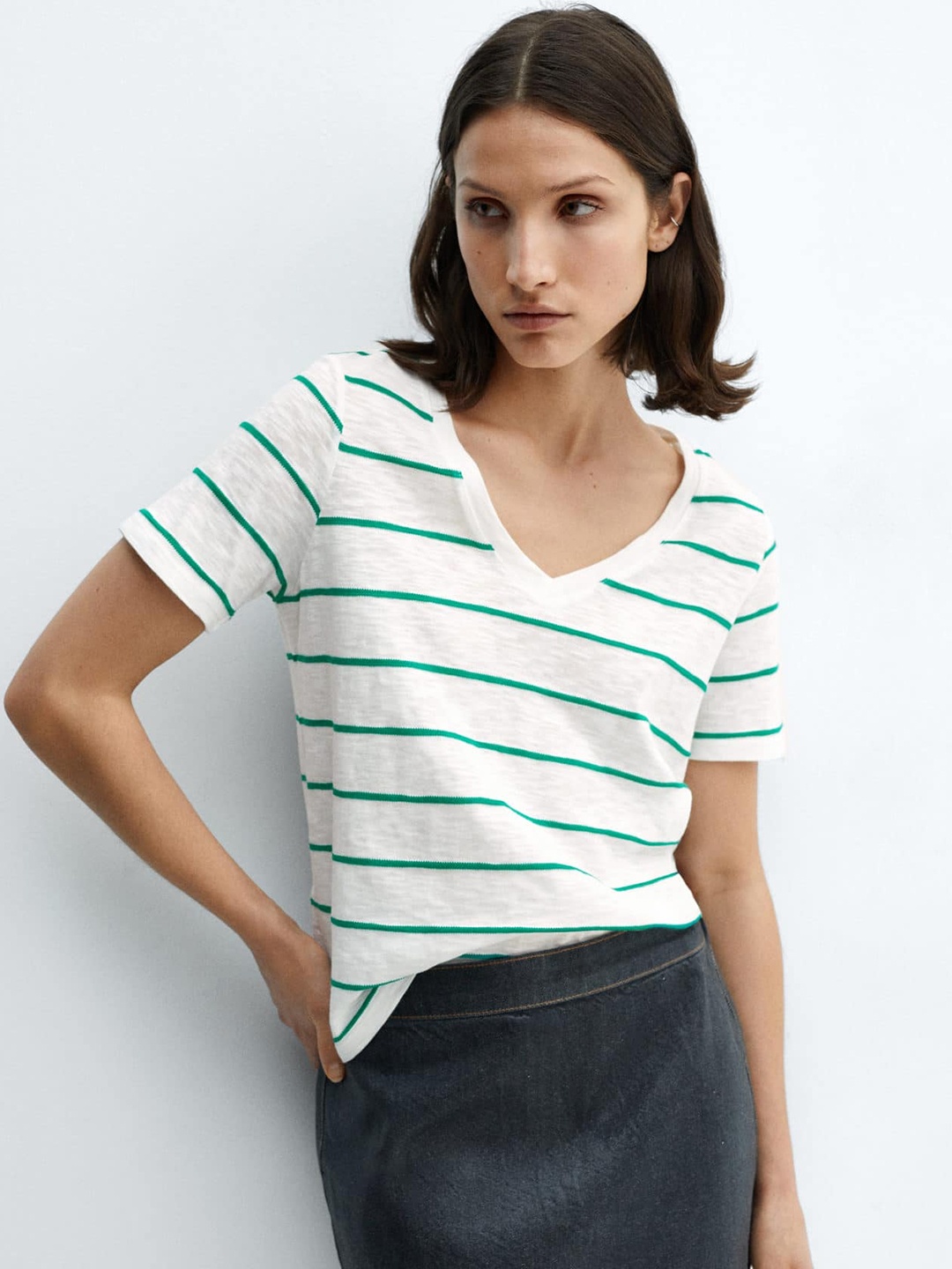 

MANGO Women Striped T-shirt, White