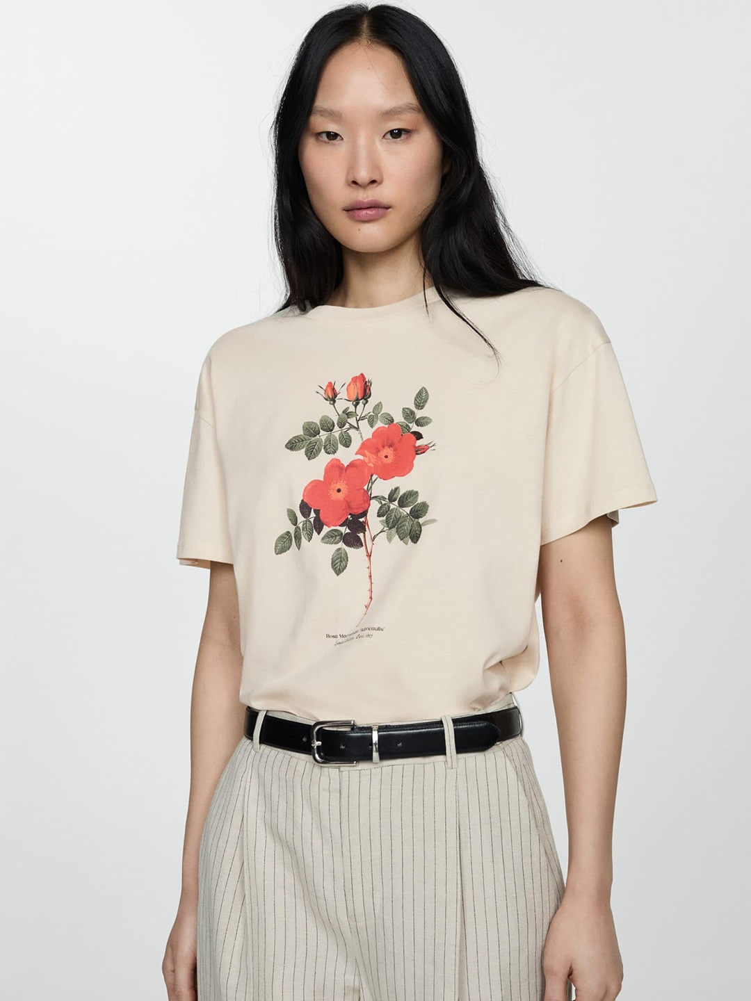 

MANGO Floral Print Pure Cotton T-shirt, Beige