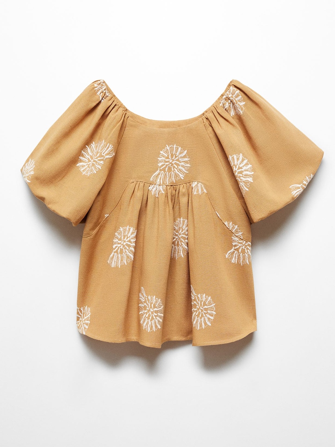 

Mango Kids Girls Embroidered Puff Sleeve A-Line Top, Mustard