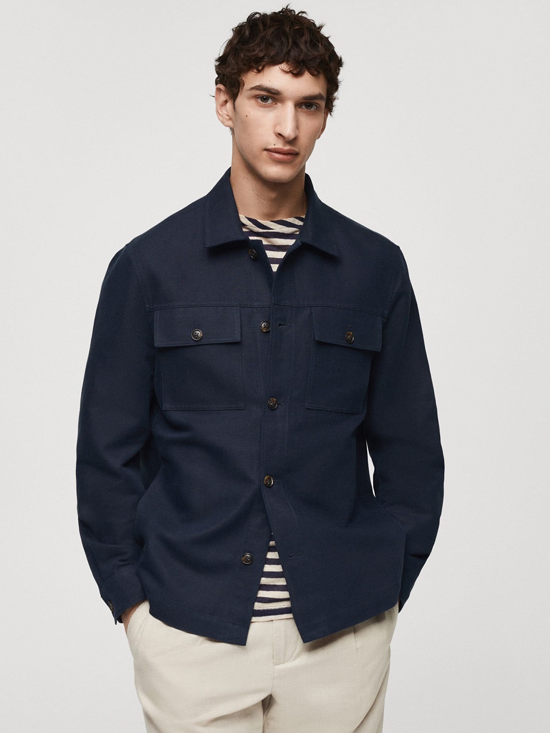 

MANGO MAN Linen Cotton Casual Shacket, Navy blue