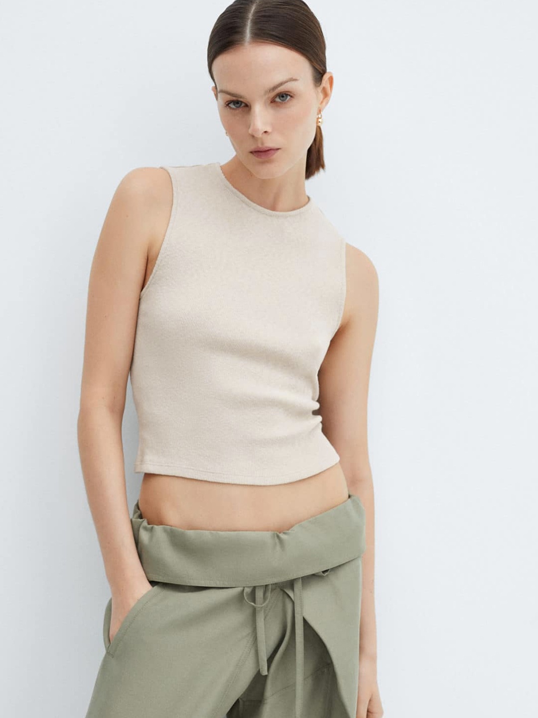 

MANGO Pure Cotton Fitted Crop Top, Beige