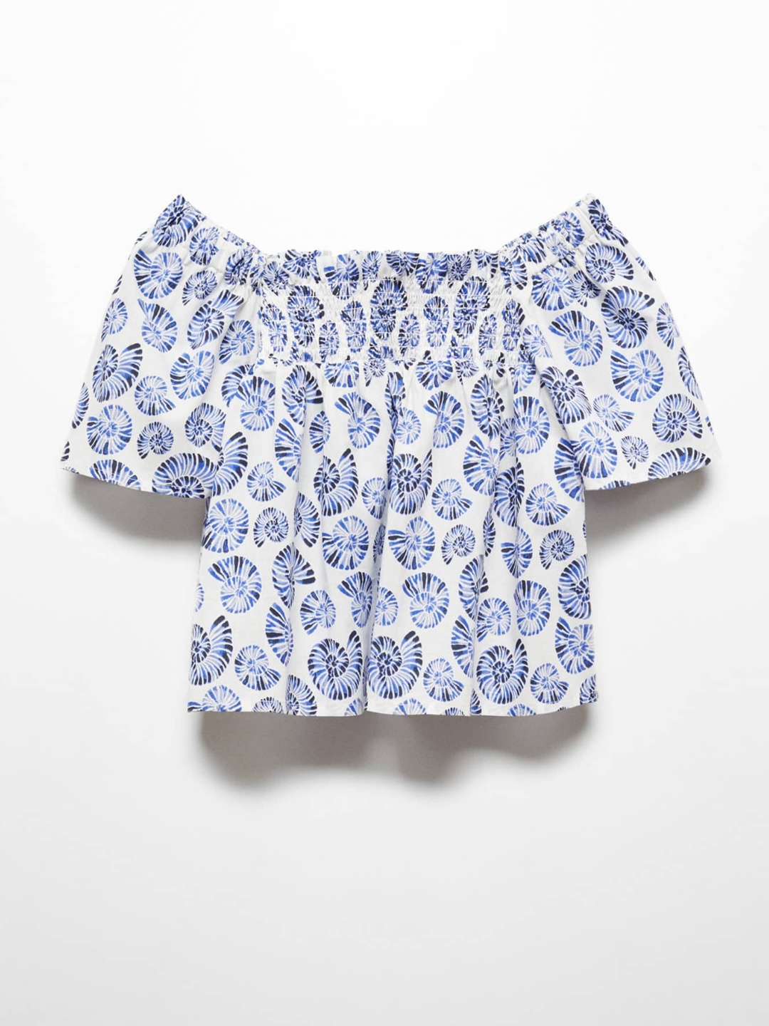 

Mango Kids Girls Ethnic Print Cotton A-Line Top with Smocked Detail, Blue