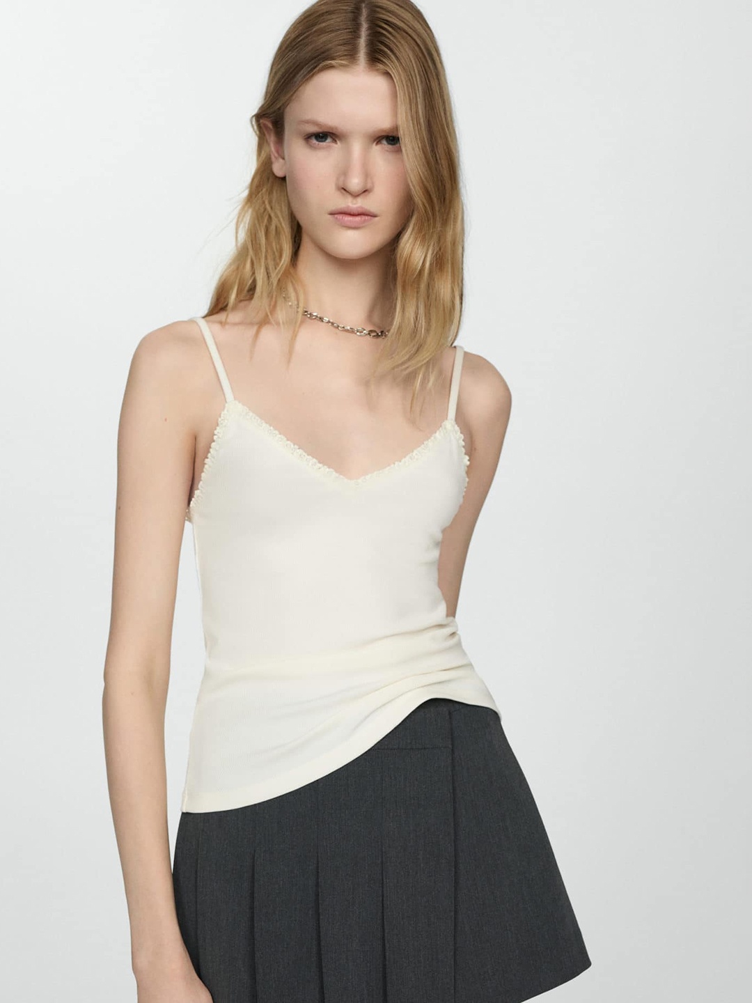 

MANGO Ribbed Lace Inserts Cami Top, Off white