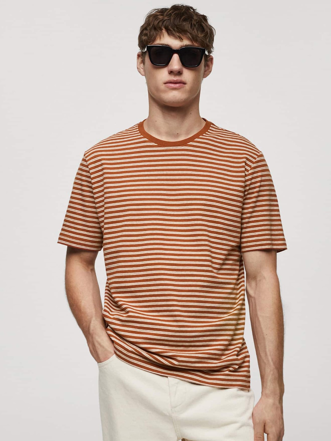 

MANGO MAN Cotton Linen Striped T-shirt, Rust