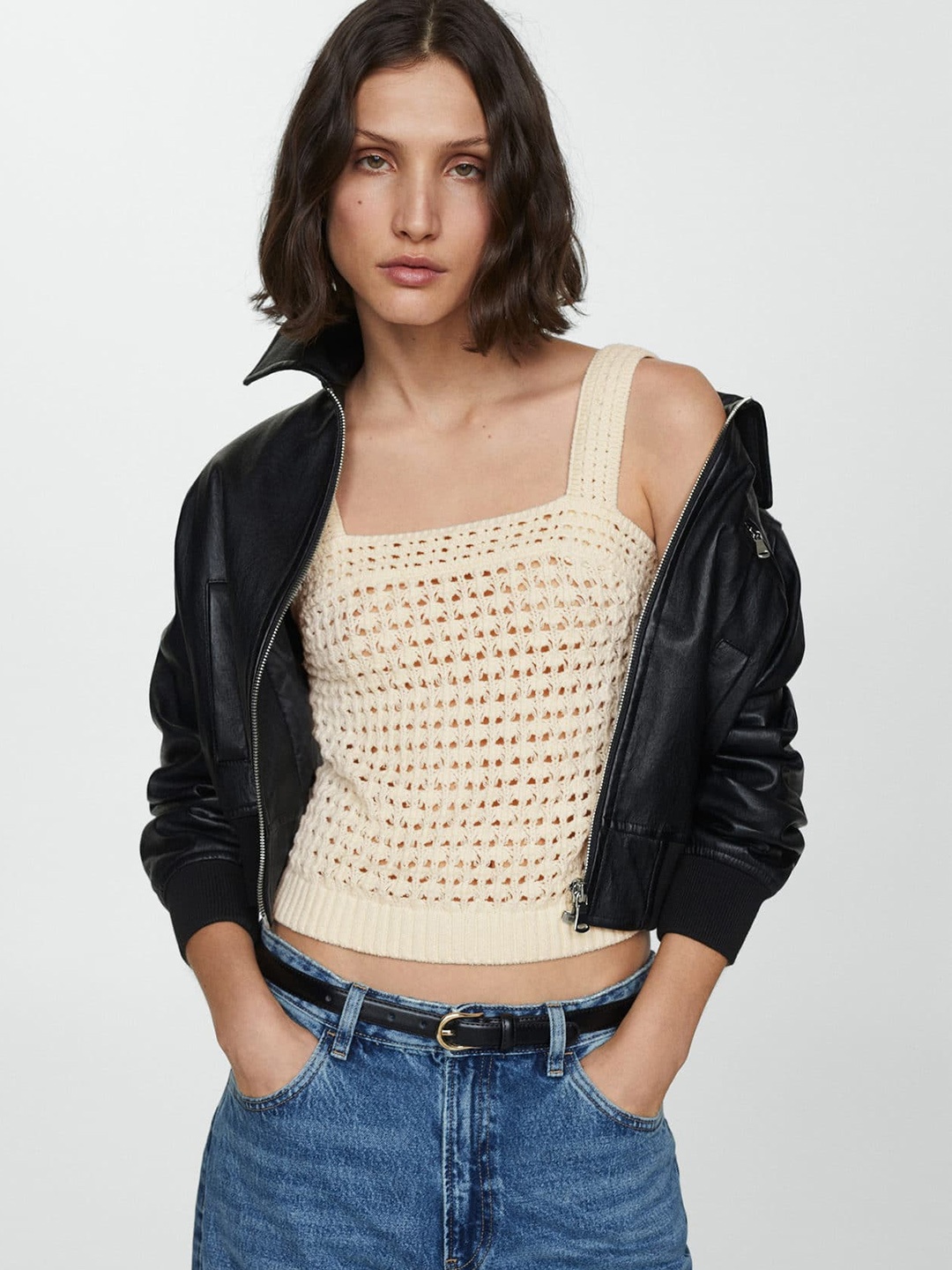 

MANGO Crochet Knit Cropped Top, Cream