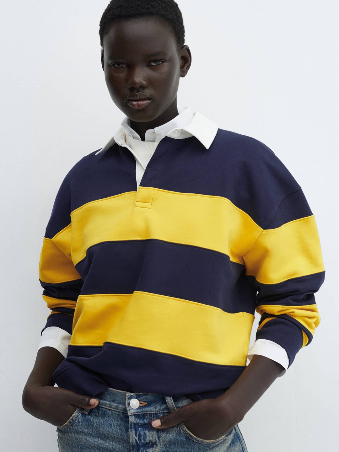 

MANGO Striped Polo Collar Pure Cotton Oversize T-shirt, Navy blue