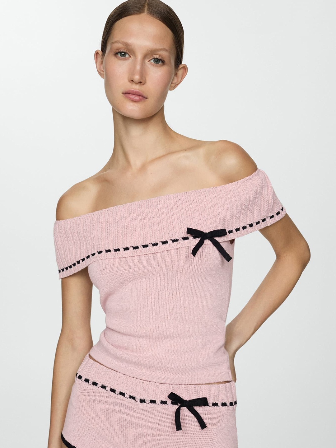

MANGO Off-Shoulder Knitted Bardot Top, Pink