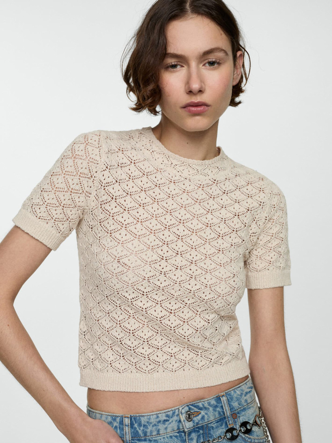 

MANGO Knitted Crochet Regular Top, Beige
