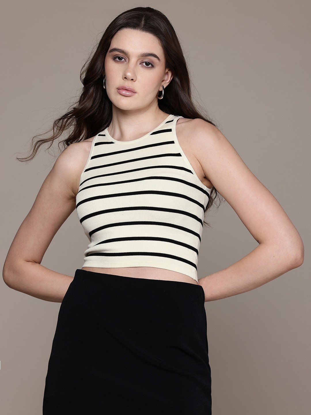 

MANGO Striped Knitted Crop Top, White