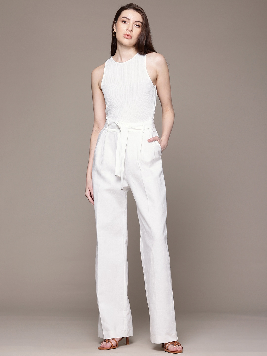 

MANGO Contrast-linen body jumpsuit, White