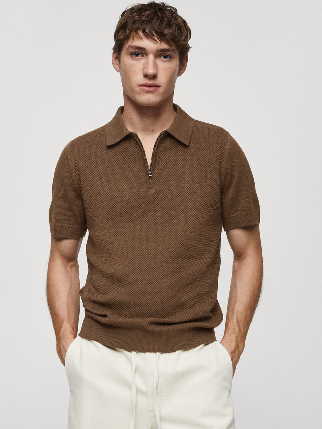 

MANGO MAN Men Fine Knit Polo Collar T-shirt, Brown